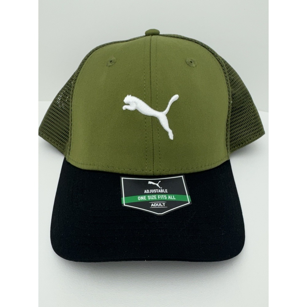 PUMA Trucker Hat Men's Olive Black Mesh Snapback Adjustable Baseball Cap NWT‎